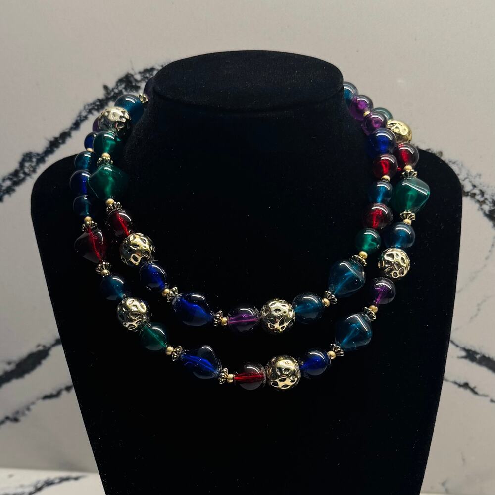 Vintage Colorful Lucite Bead Statement Necklace Retro 30”